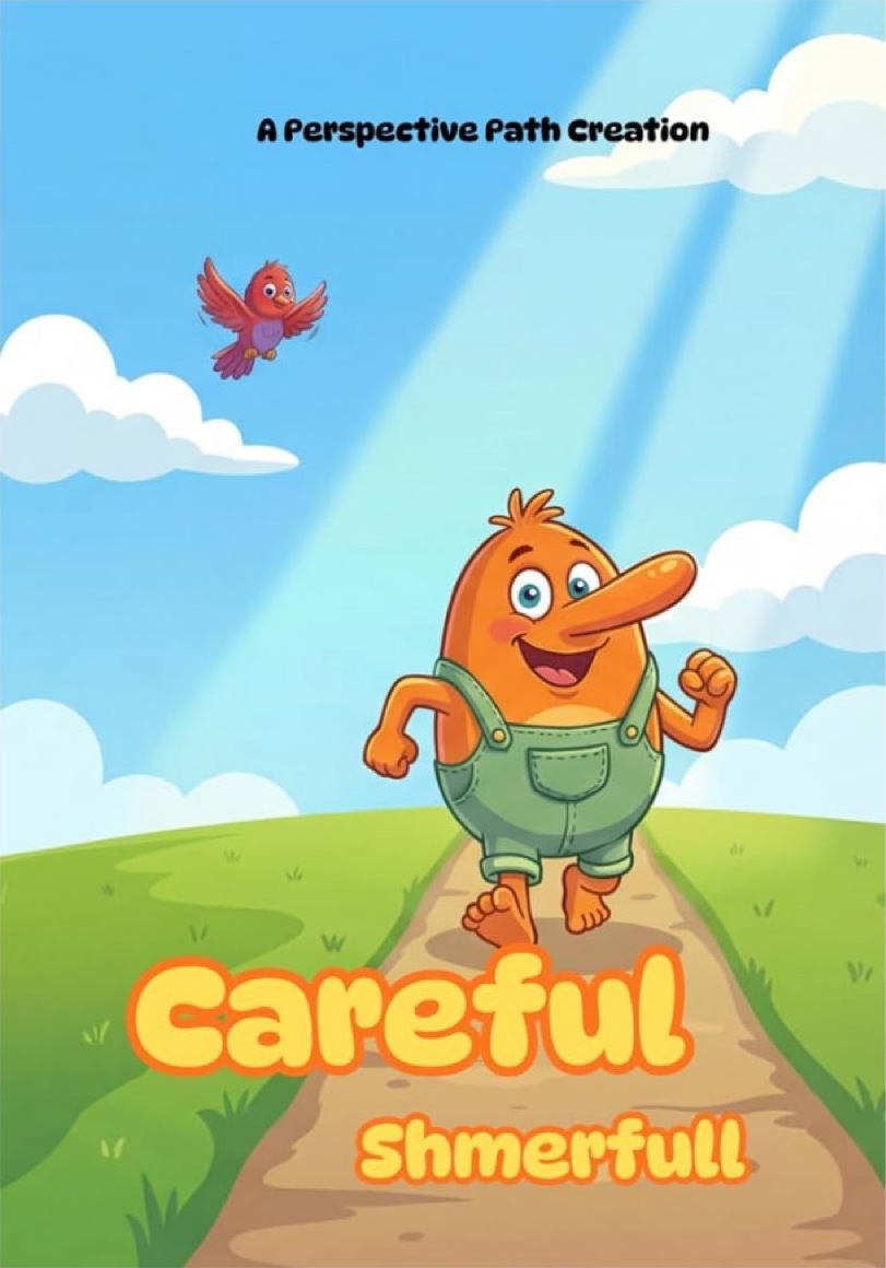 Cover of Careful Shmerfull: an orange character in green overalls running down a path while a small red bird flies beside him