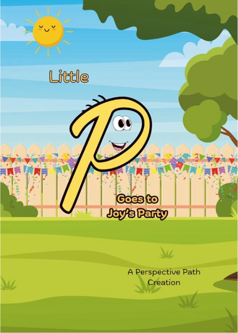 Cover of Little P Goes to Joy's Party: a smiling letter P at a backyard party with a sun, fence, and bunting